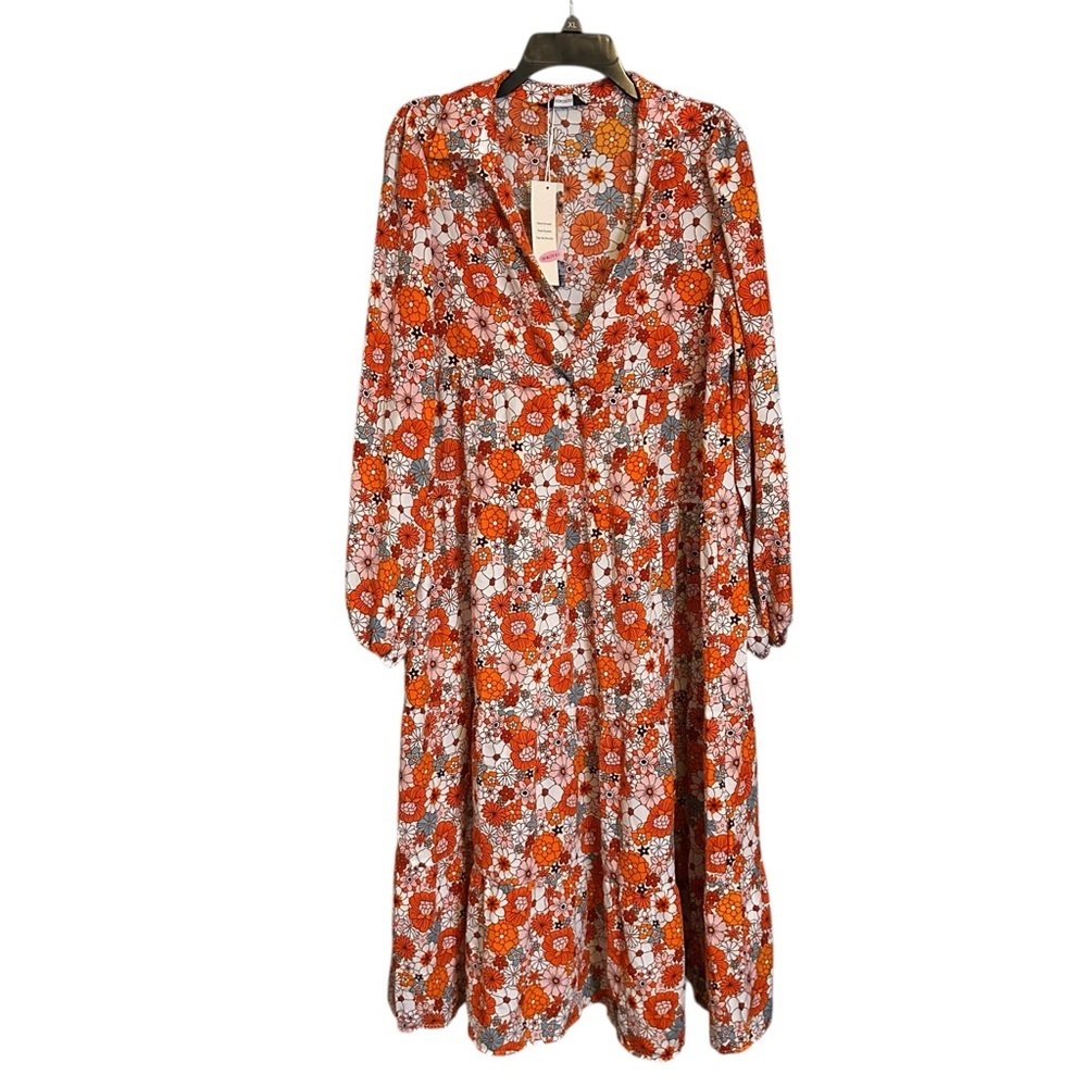 Floral V-Neck Long Sleeve Midi Dress - Orange